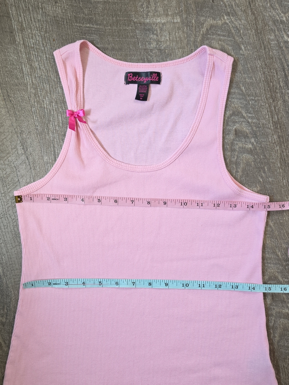 Betsey Johnson Betseyville Ribbed Tank w/ Lettuce Hem Womens M Pink Bow Deatil - Picture 8 of 11